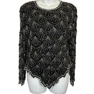 Laurence Kazar Womens Beaded Vintage Long Sleeve Black Silk Top Whimsigoth PL